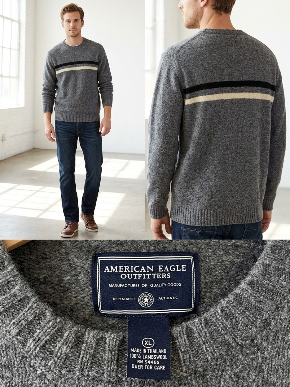 Vintage American Eagle Outfitters Men's Gray Lambswool Crewneck Sweater